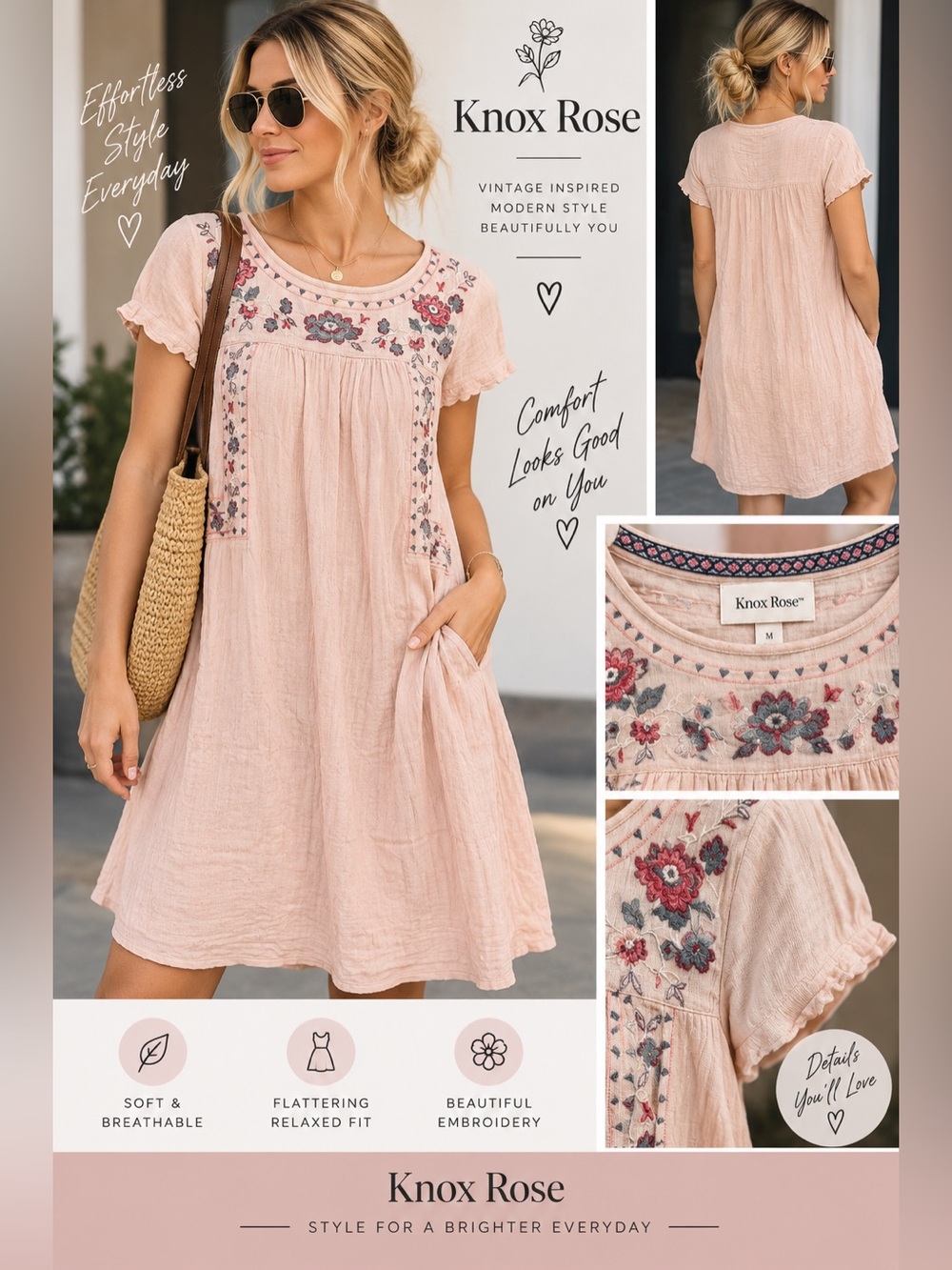 Knox Rose Blush Embroidered Short-Sleeve Midi Dress